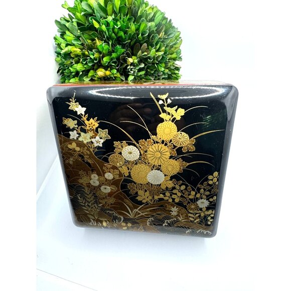 Japanese Lacquerware Decorative Box With Floral Design 7.5" L x 7.5" W x 3" H - Picture 11 of 12
